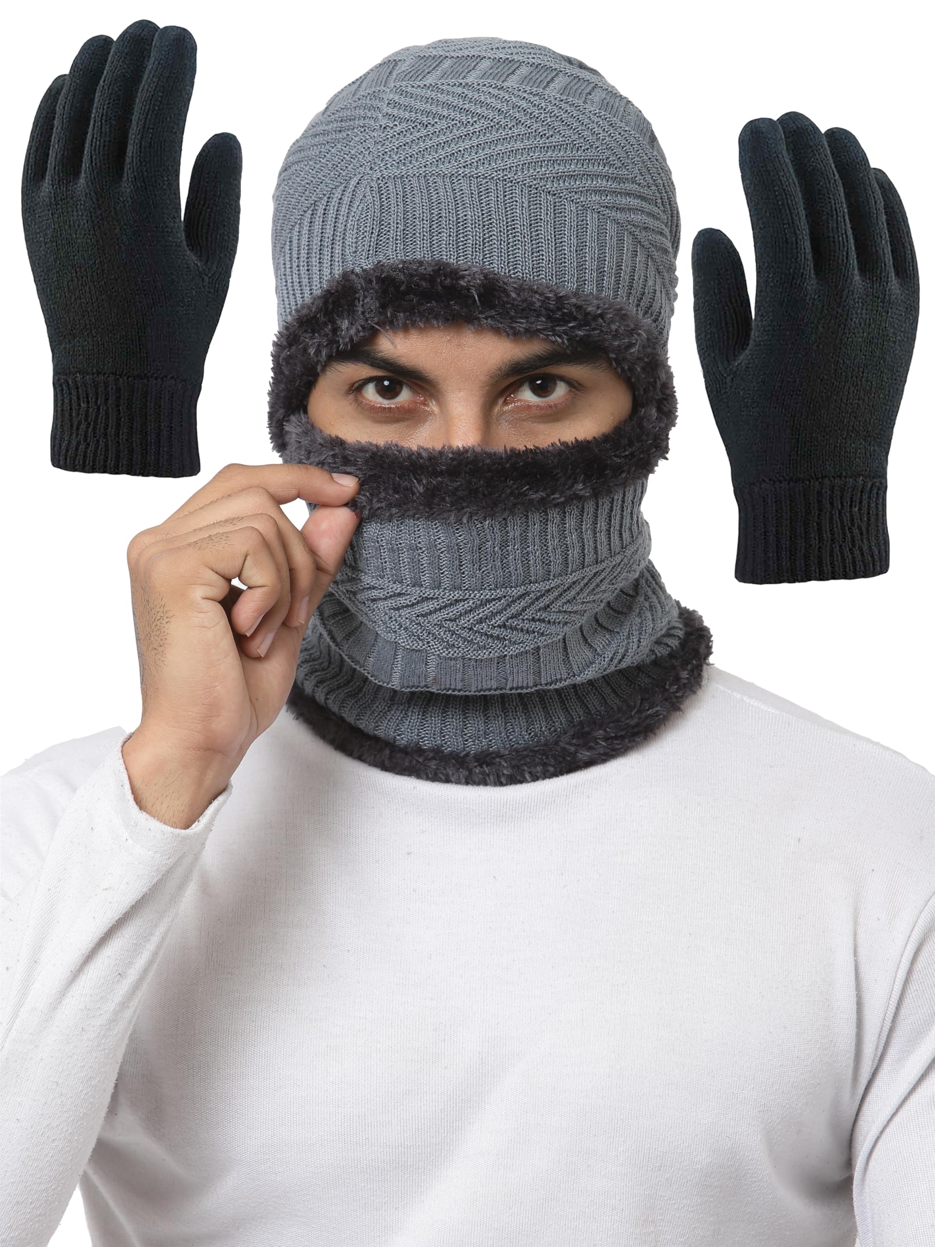 Weavers Villa Snow Proof Inside Fur Acro Unisex Beanie Cap with Neck Warmer & Woollen Gloves Set Knit Hat Thick Fleece Lined Win