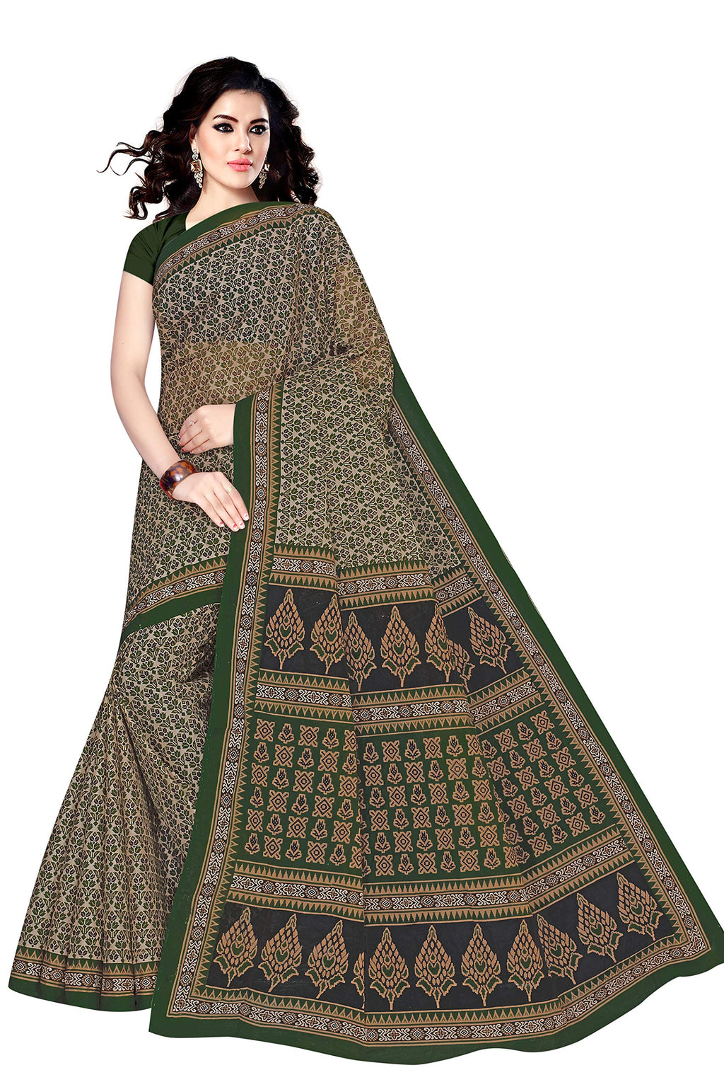 TAMAIRA FASHION Womens Plain Weave Cotton Saree Without Blouse Piece (802_Dark Green)