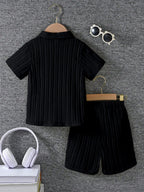 AVANOVA Boys Black 2-Piece Outfit Set  Short Sleeve Button Front Shirt with Matching Shorts, Summer Casual Clothing for Kids, Li