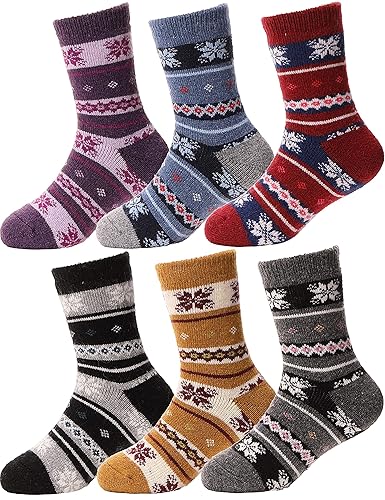 EBMORE Kids Wool Socks for Toddlers Boys Girls Warm Winter Thick Hiking Thermal Heavy Cozy Crew Boot Socks 6 Pairs (Stripe Snowf