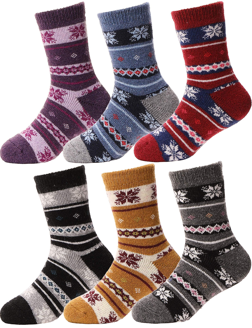 EBMORE Kids Wool Socks for Toddlers Boys Girls Warm Winter Thick Hiking Thermal Heavy Cozy Crew Boot Socks 6 Pairs (Stripe Snowf