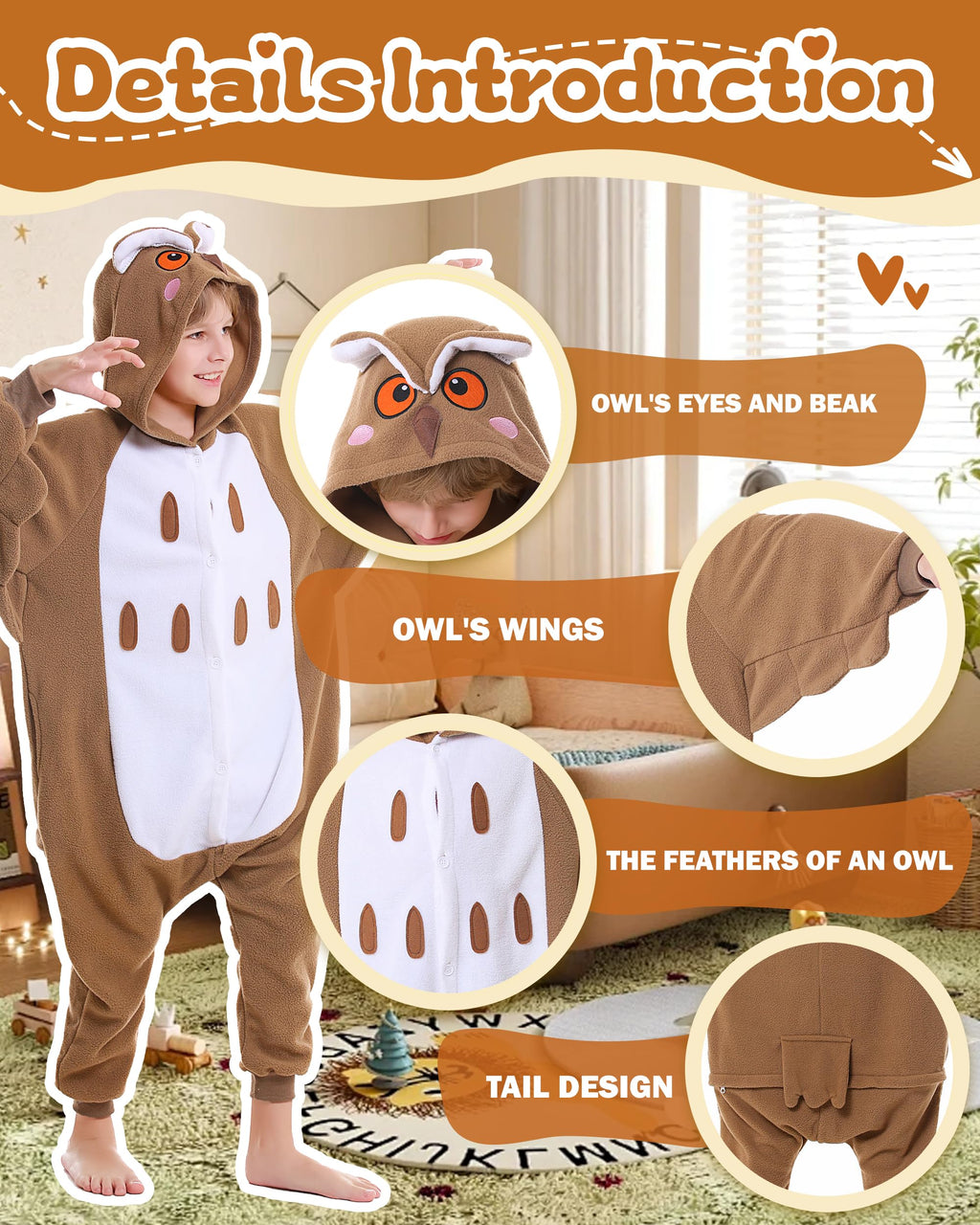 Owl Onesie Kids Animal Halloween Cosplay Costume for 10-12 Years Girls Unisex Outfuit One Piece Hooded Christmas Soft Pajamas Br