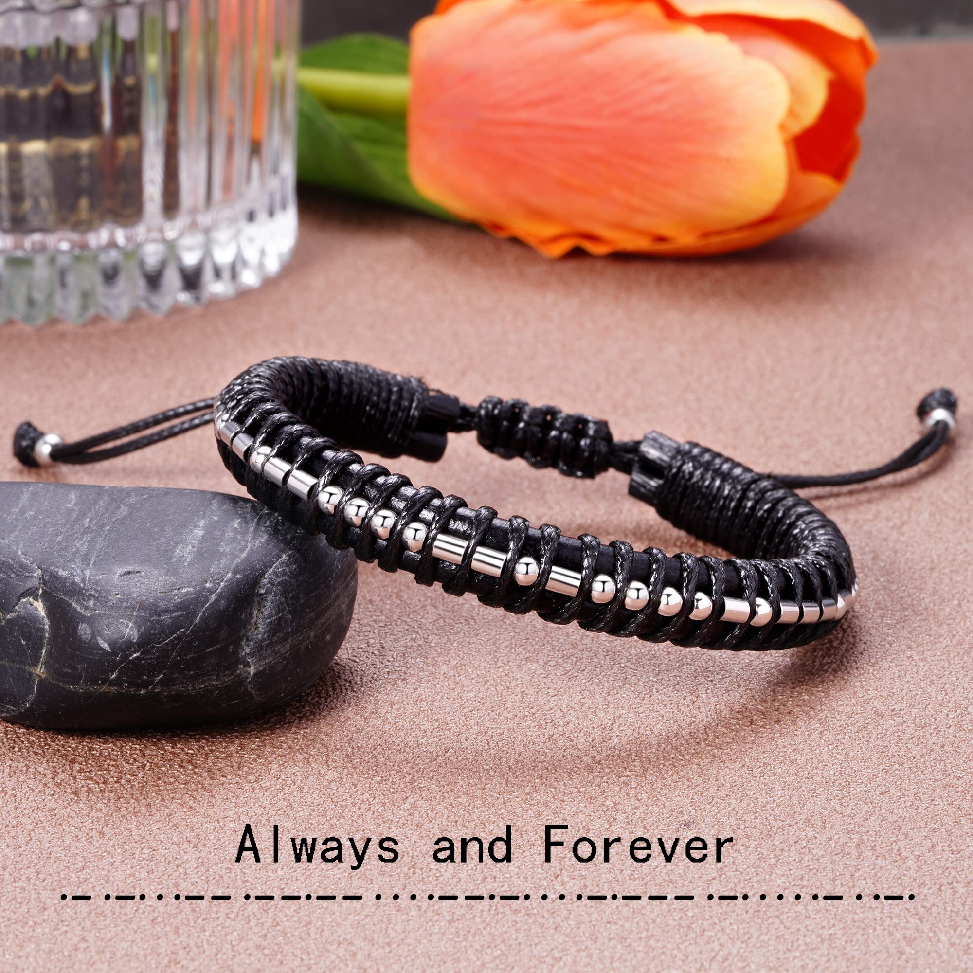 Morse Code Bracelet for Men Black Leather Braided Bracelets for Boyfriend Husband Promise Long Distance Anniversary Birthday