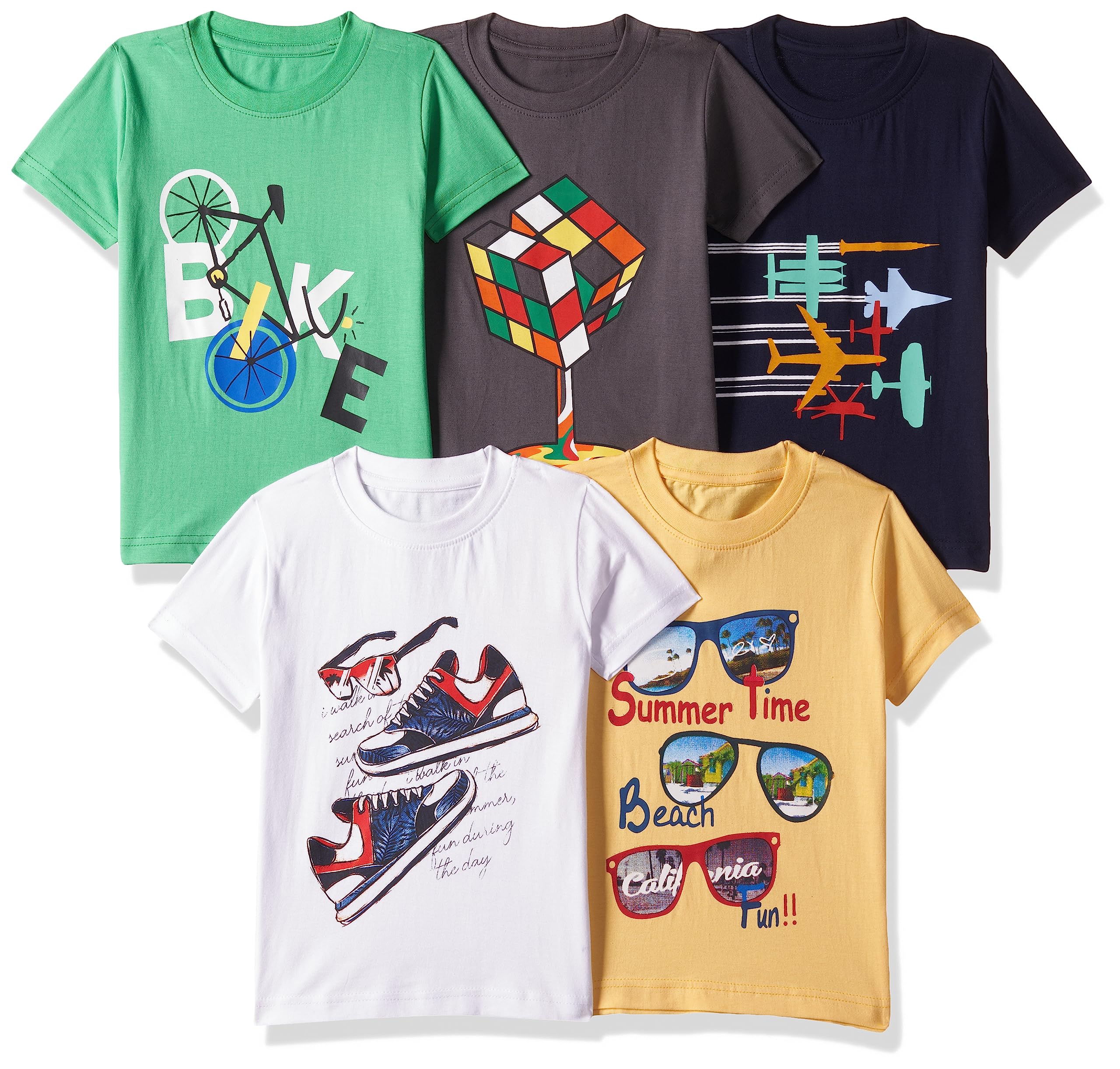 T2F Boy Cotton Printed Regular Fit T-Shirt (Pack of 5),Multicolour,8-9 Years