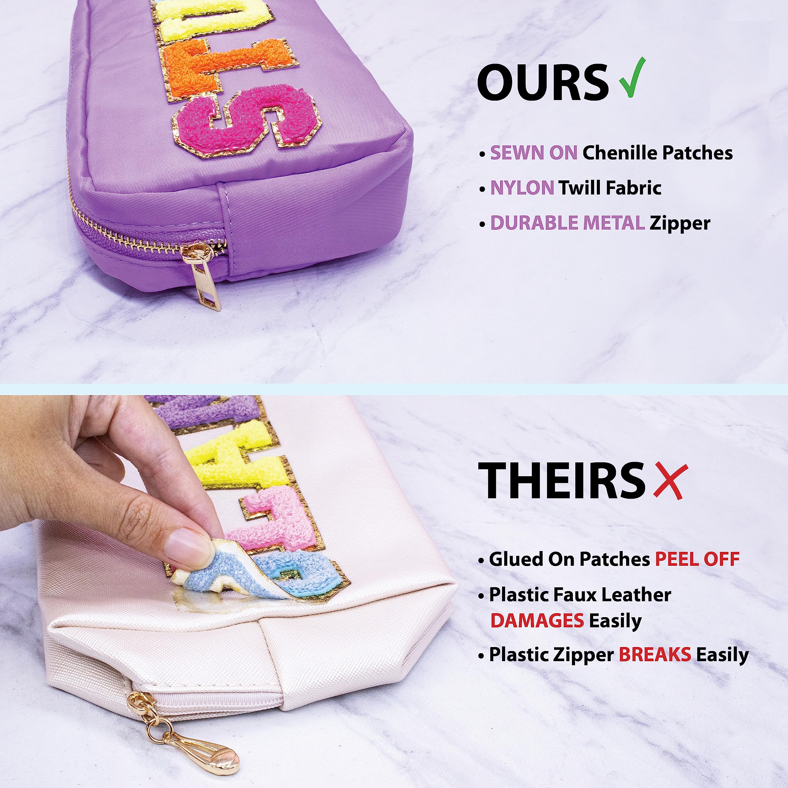 Fablinks Preppy Pouch, Chenille Varsity Letter Stuff Bag, Purple STUFF Nylon Skin Care Patch Bags Organizer, Travel Make Up Skin