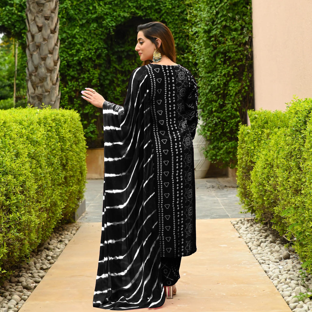 ANNI DESIGNER Womens Rayon Blend Straight Bandhej Printed Kurta with Pant & Dupatta (Baghira Black_S_Black_Small)