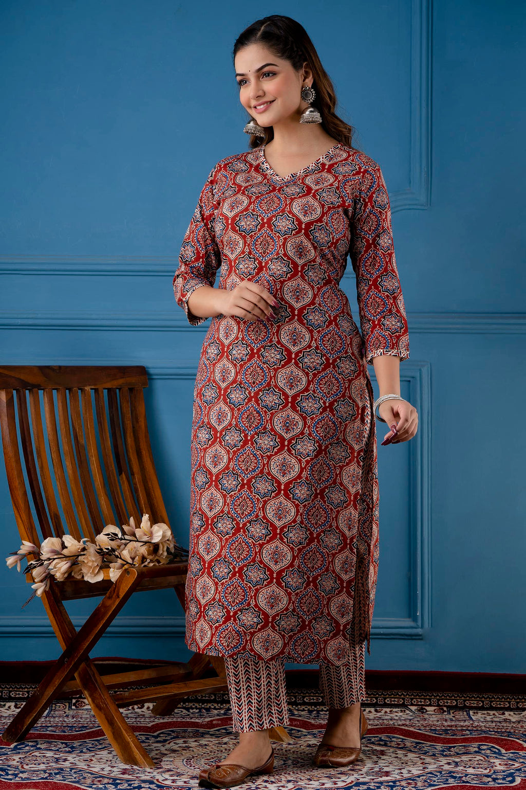 ANNI DESIGNER Womens Cotton Blend Traditional Straight Printed Kurta and Pant Set (Priyani Red NW_S_Red_Small)