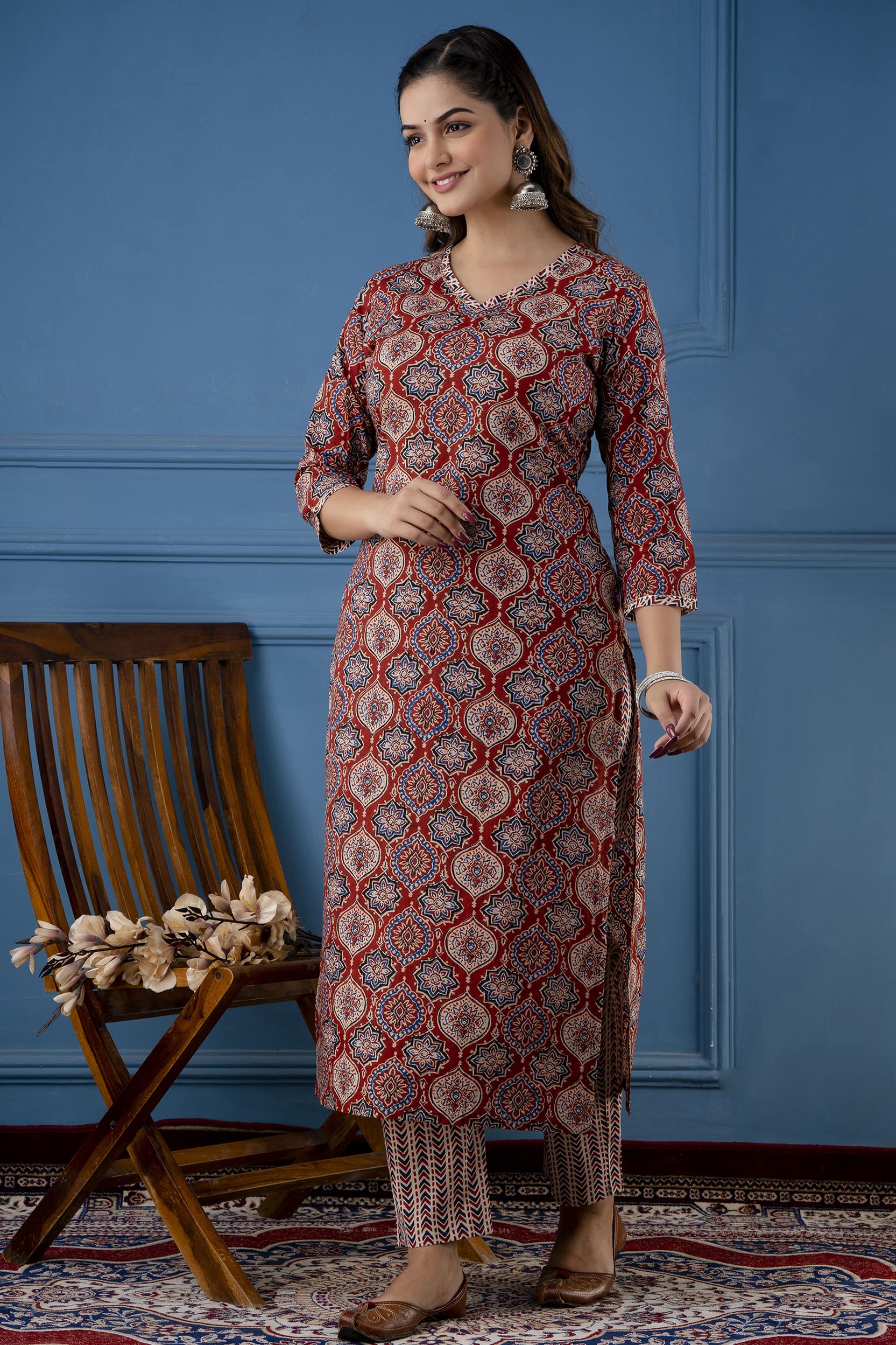 ANNI DESIGNER Womens Cotton Blend Traditional Straight Printed Kurta and Pant Set (Priyani Red NW_S_Red_Small)