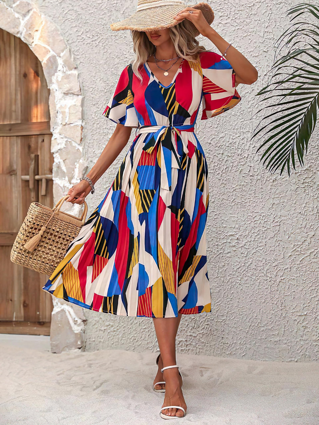 Kzully | Women A-Line Dress With Pleats, Has An V-Neck, Printed Top Comes With A Belt Blue