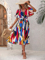 Kzully | Women A-Line Dress With Pleats, Has An V-Neck, Printed Top Comes With A Belt Blue