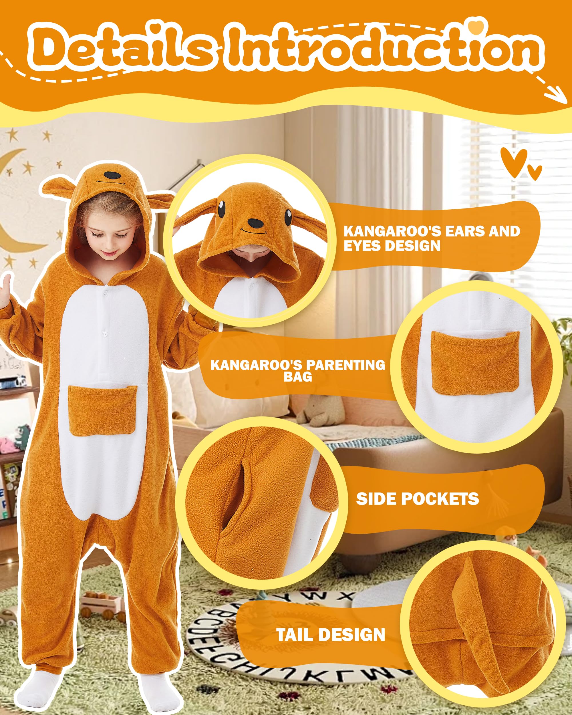 CANASOUR Kangaroo Onesie Halloween Kids Cosplay Costume for Girls Animal Unisex Outfuit One Piece Hooded Soft Pajamas Orange Par