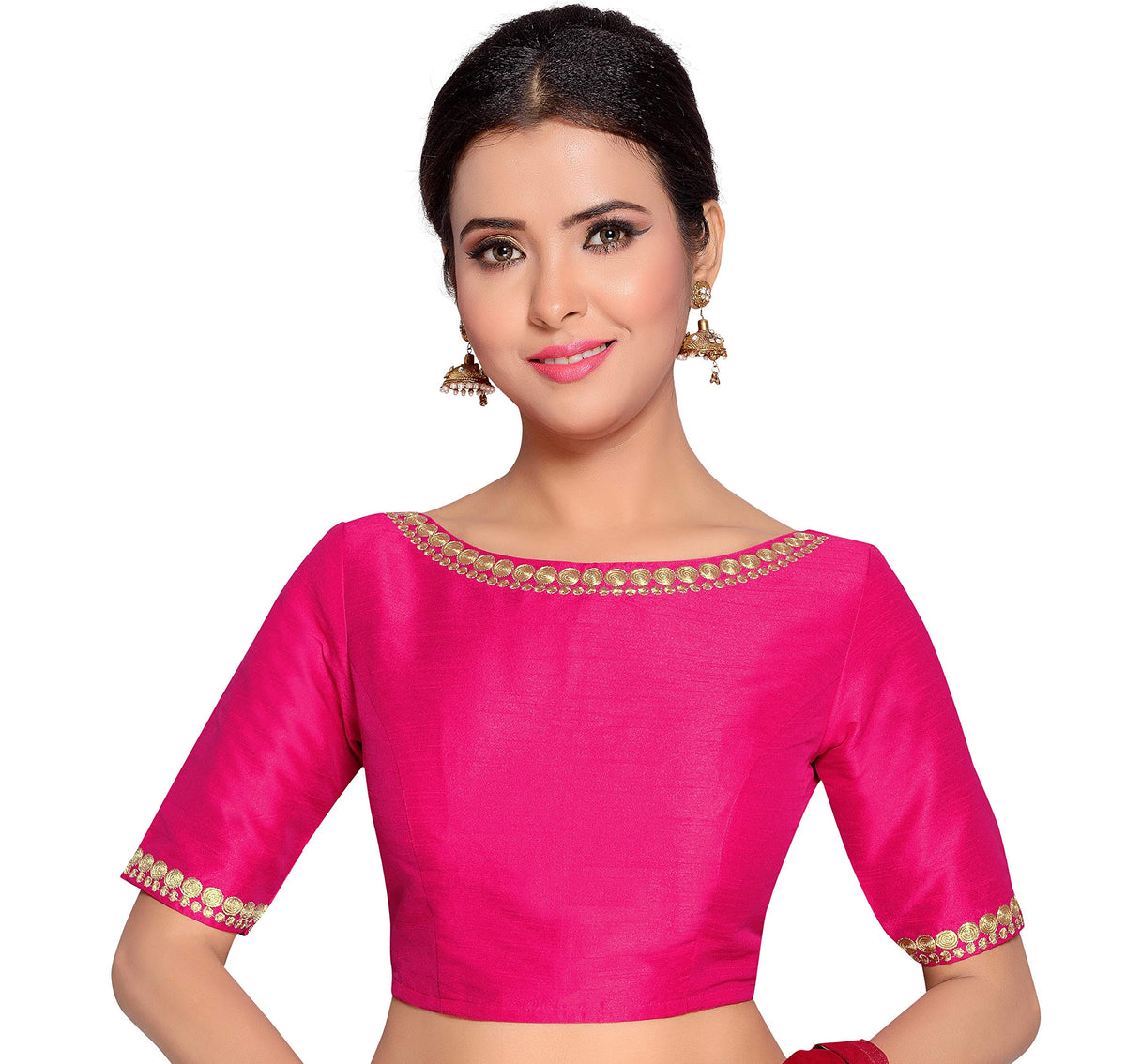 Studio Shringaar WomenS Readymade Pink Polyester Saree Blouse With Elbow Length Sleeves (Pink, 34) 34