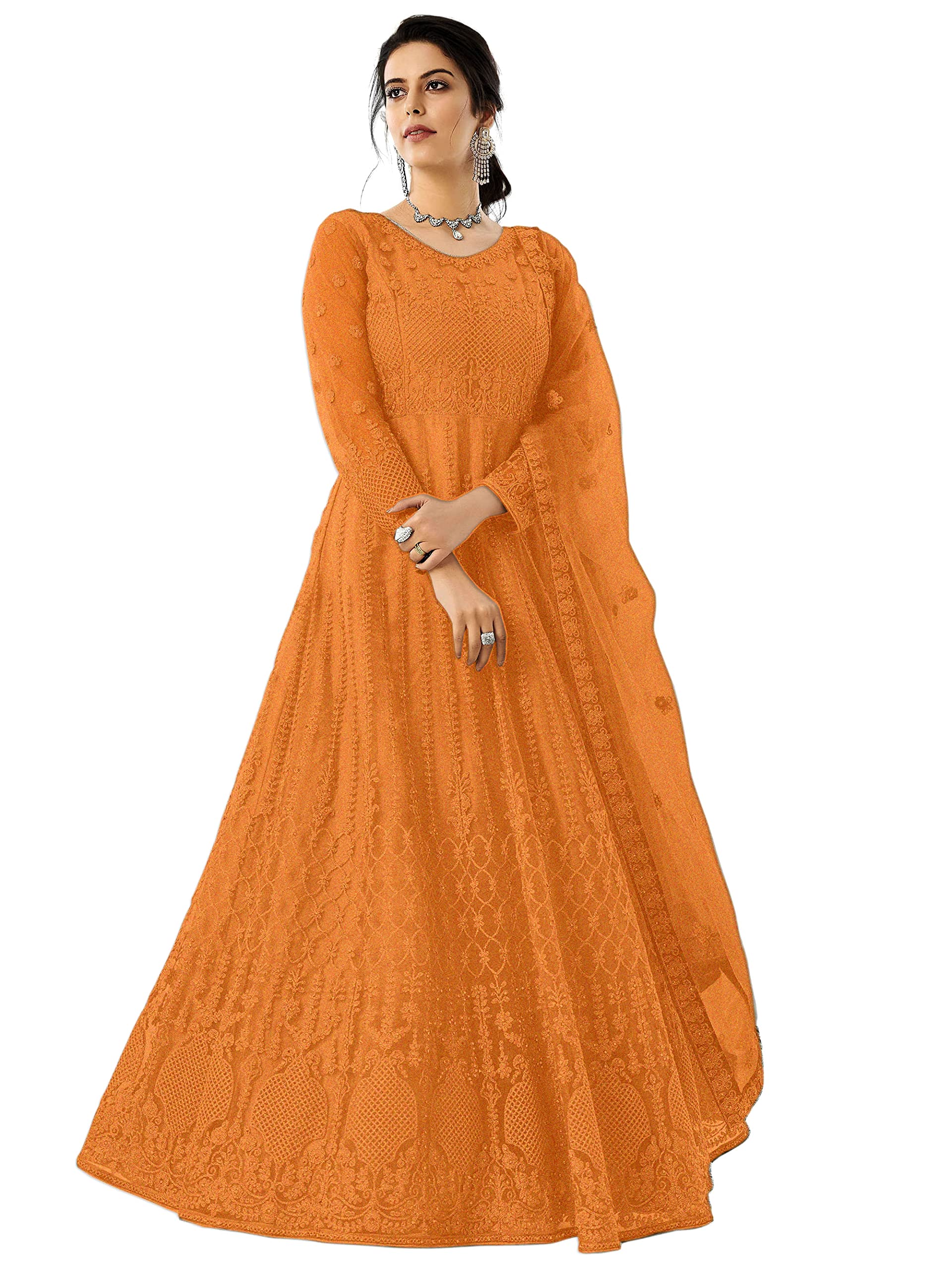 PATLANI Women Long Orange Gown, Net with Ultra Satin Inner Ethnic Flared Gown for Girls/Womens Semi Stitched Gown (Orange)