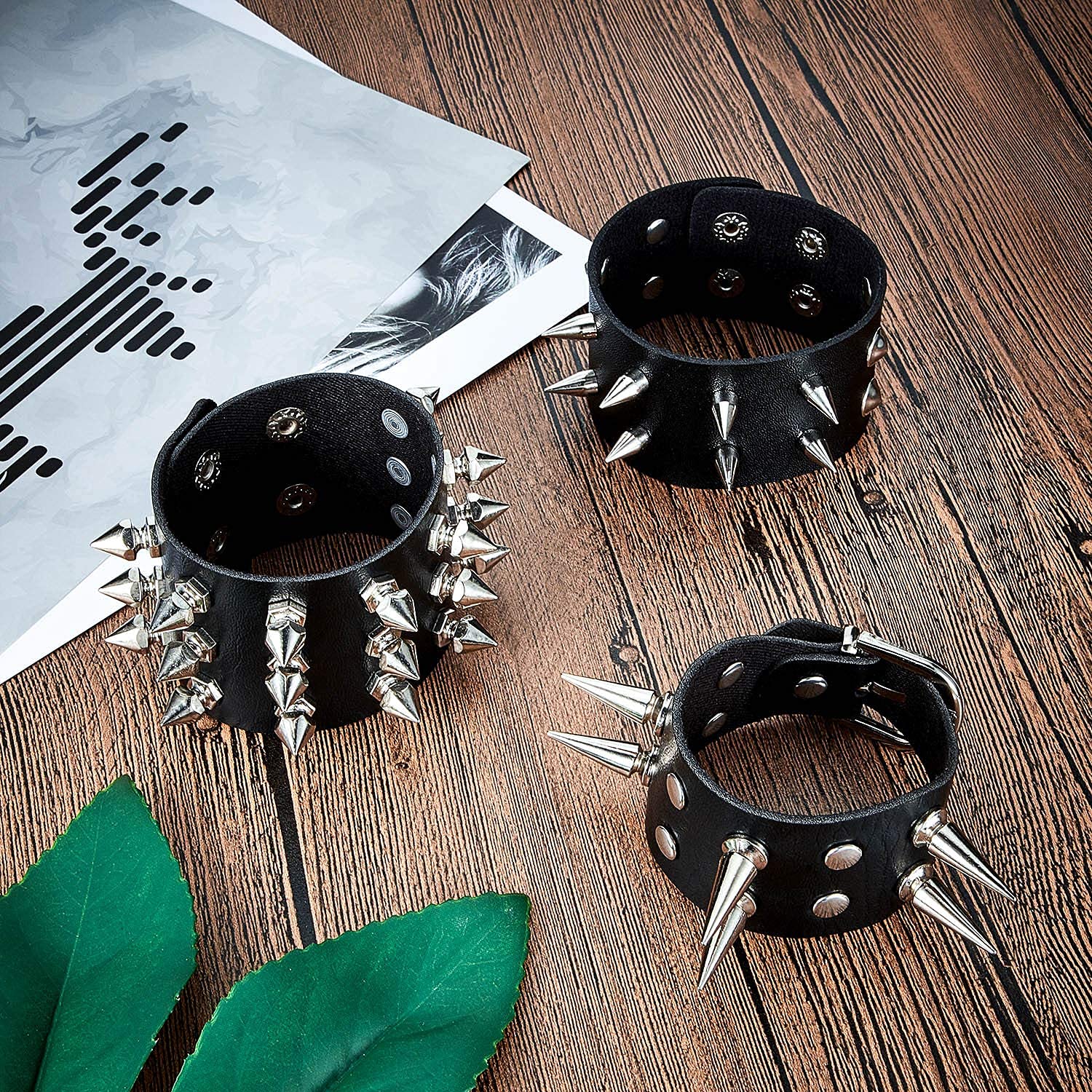 Hicarer 6 Pcs Spiked Studded Bracelets Punk Leather Rivets Bracelet Cuff for Men Women Halloween Accessories(Classic Style)