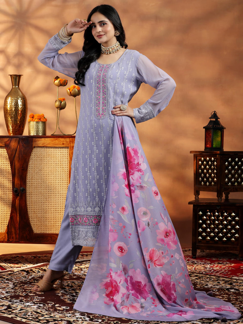 Libas Womens Embroidered Georgette Straight Kurta With Trousers And Dupatta