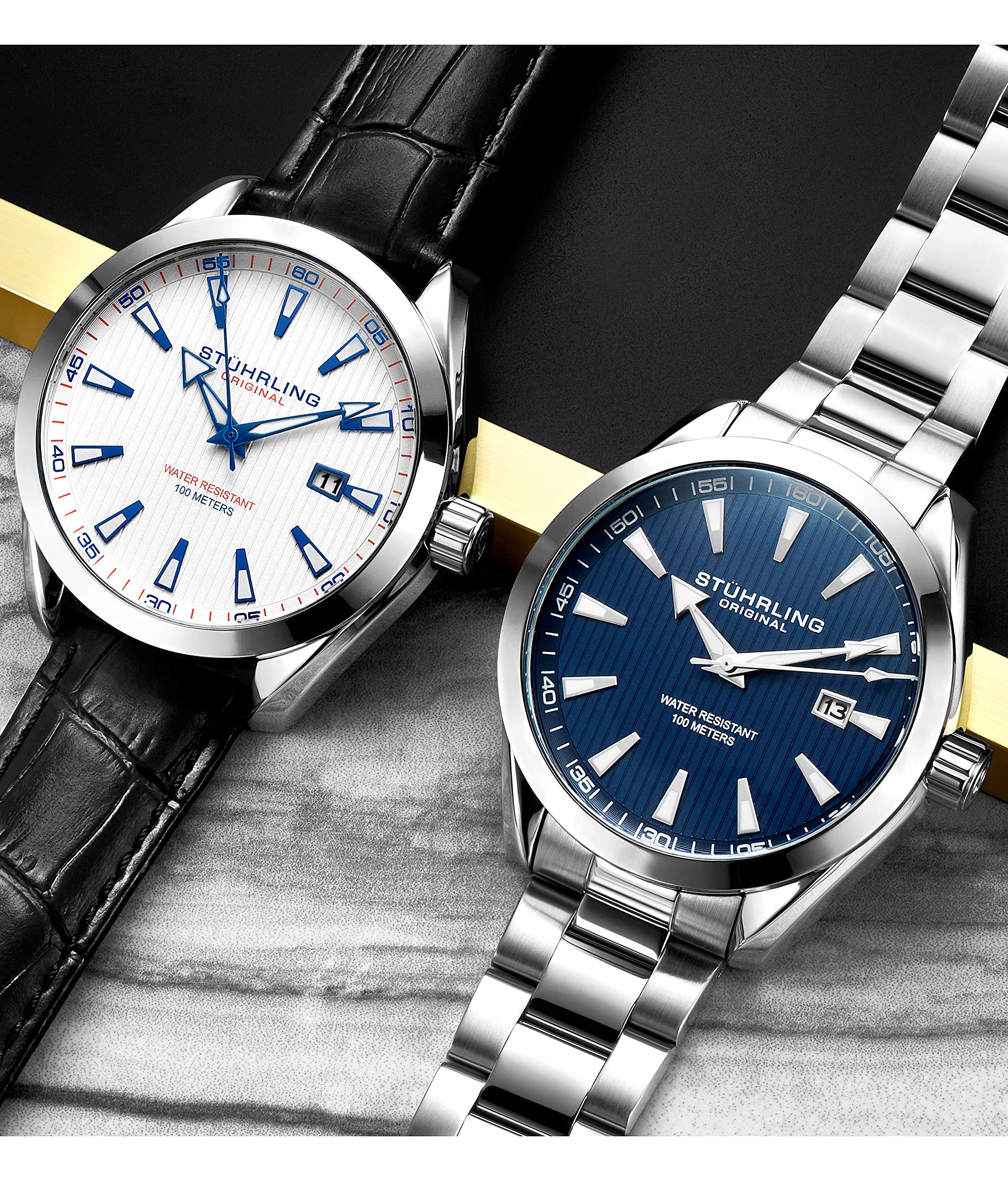 Stuhrling Original Blue Watch for Men Analog Watch Dial with Date - Stainless Steel Silver Bracelet, 3953 Mens Watch Collection