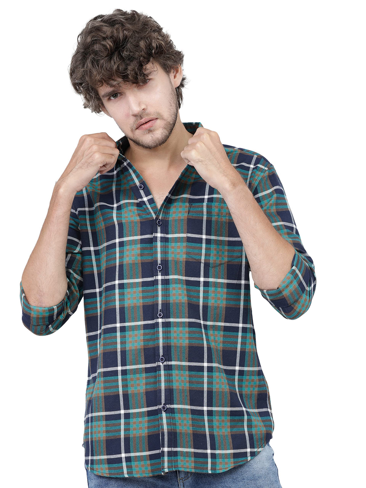 Ketch MenS Slim Fit Shirt (Khsh000058_Navy Blue/Mint