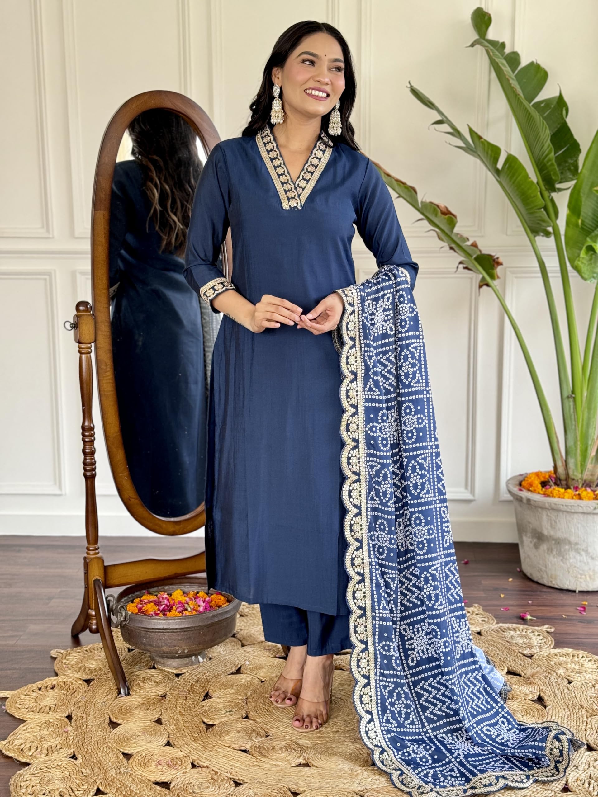 Naixa Womens Viscose Silk Embroidered Straight Kurta with Pant and Dupatta Sets