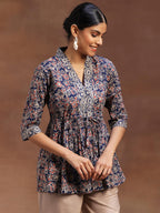 Libas WomenS Cotton Printed A-Line Kurti (29102Or_Blue