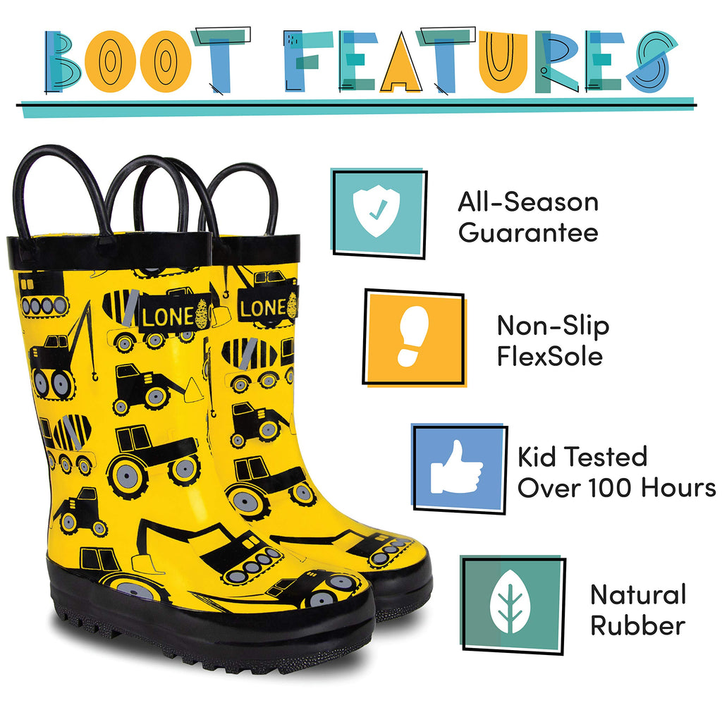 Lone Cone Rain Boots with Easy-On Handles in Fun Patterns for Toddlers and Kids, Construction Zone, 13 Little Kid