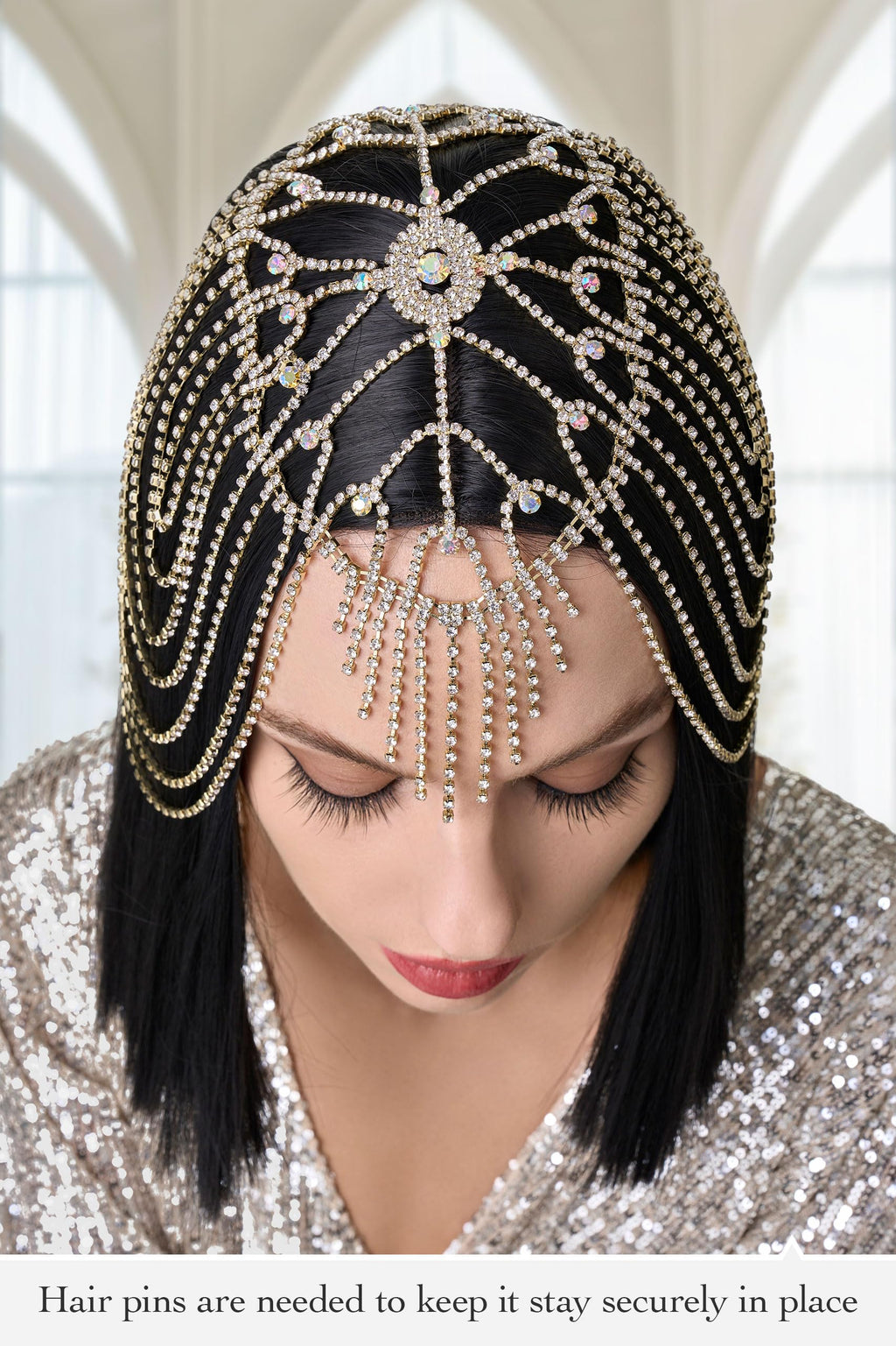 BABEYOND Vintage Style Roaring 20s Crystal Rhinestone Flapper Cap Headpiece Head Jewelry Chains