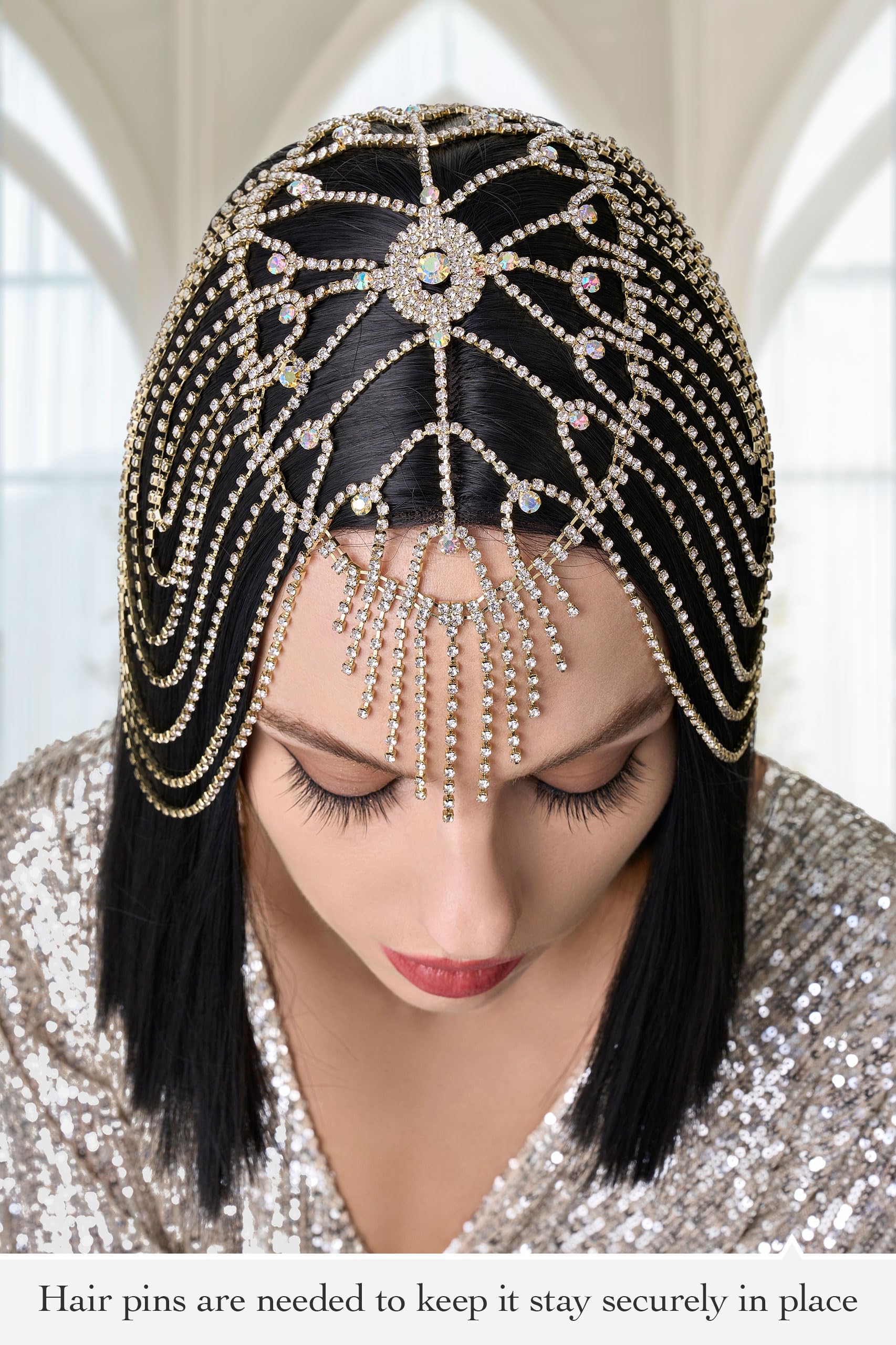 BABEYOND Vintage Style Roaring 20s Crystal Rhinestone Flapper Cap Headpiece Head Jewelry Chains