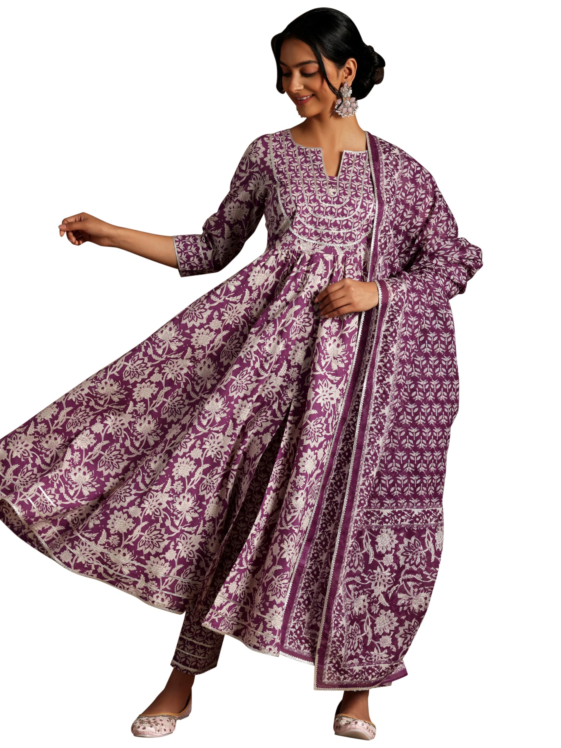 Libas Women Silk Blend Purple Floral Anarkali Kurta Set A Front Slit And Trouser With Printed Dupatta Calf Length Sets (35905 L)