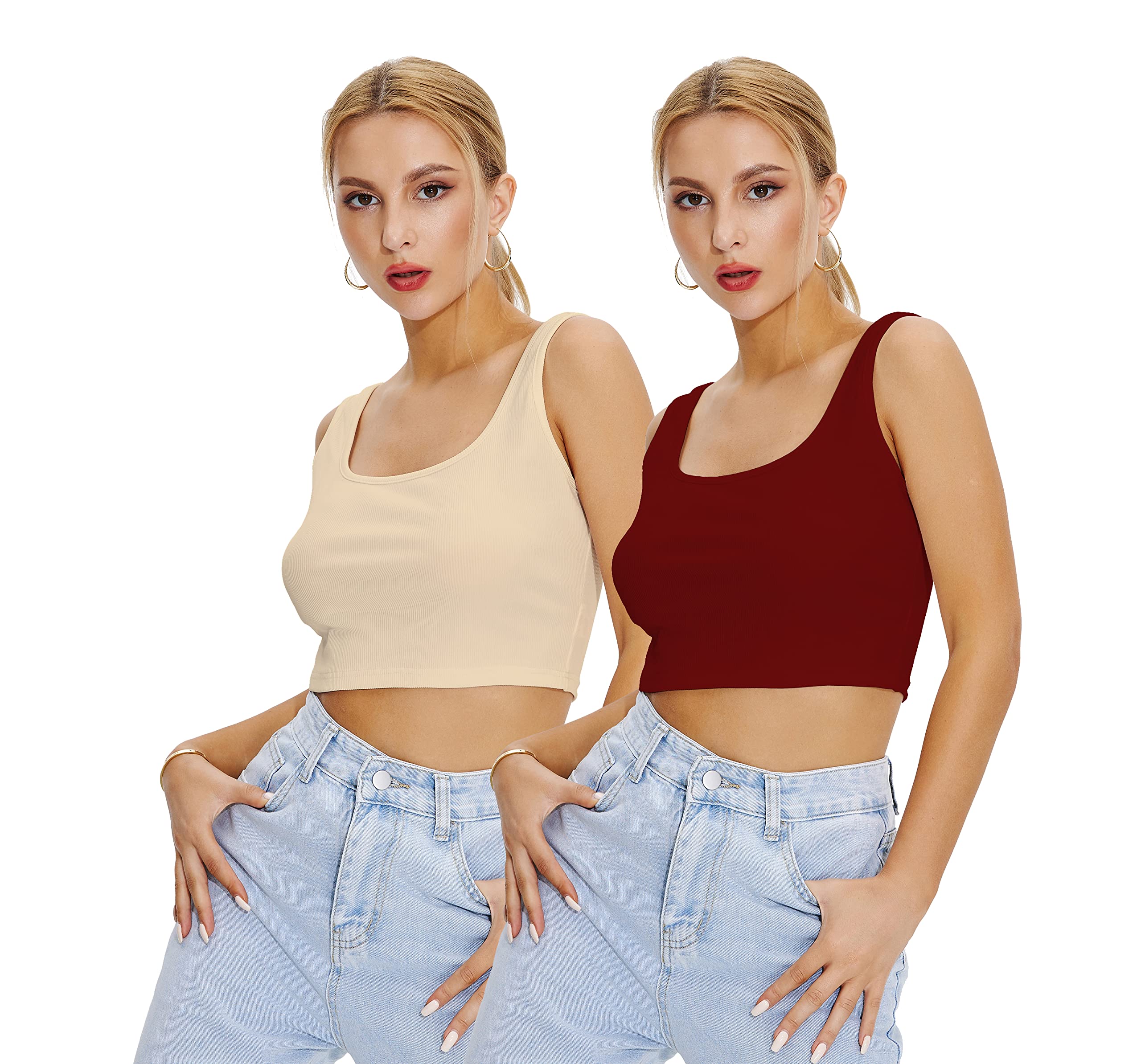 Shasmi Womens & Girls Solid Ribbed Square Neck Collarless Sleeveless Slim Fit Simplicity Tank Tops (Pack of 2) (TOP 36 Maroon 