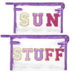Y1tvei SUN STUFF Makeup Bag - 2Pcs Preppy Patch Chenille Varsity Letter Transparent PVC Extra Large Clear Cosmetic Pouch Portabl