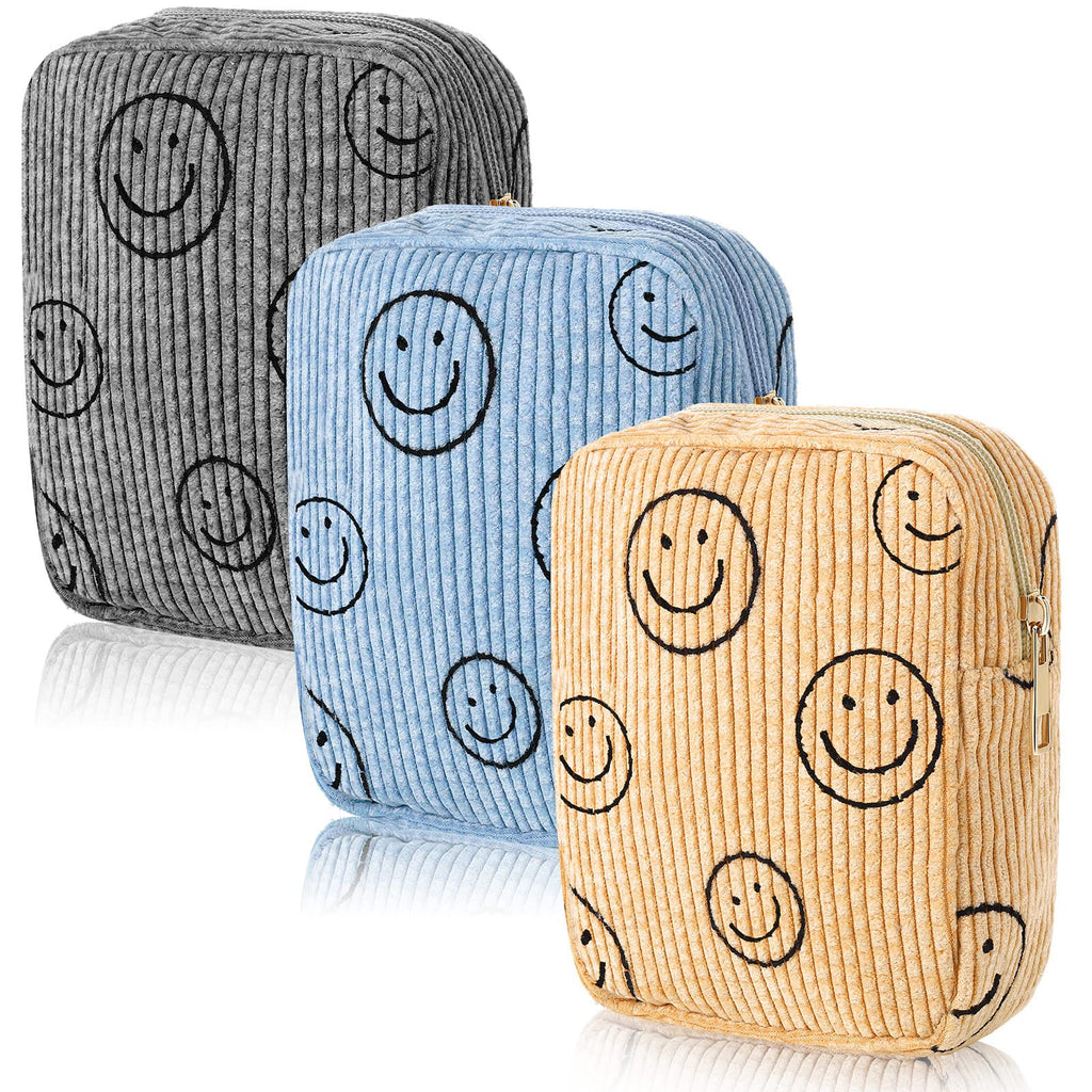 Photect 3 Pcs Corduroy Cosmetic Bag Smile Face Aesthetic Preppy Makeup Bag Corduroy Toiletry Aesthetic Pouch Travel Smile Bags f