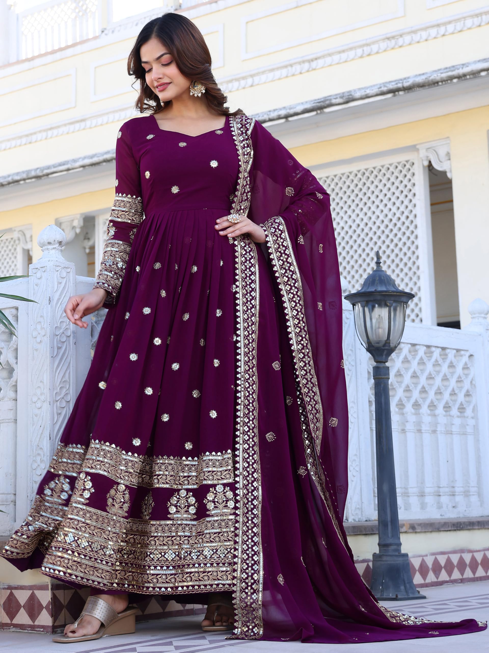 Fashion Basket Georegtte Anarkali Long Dress For Women Purple