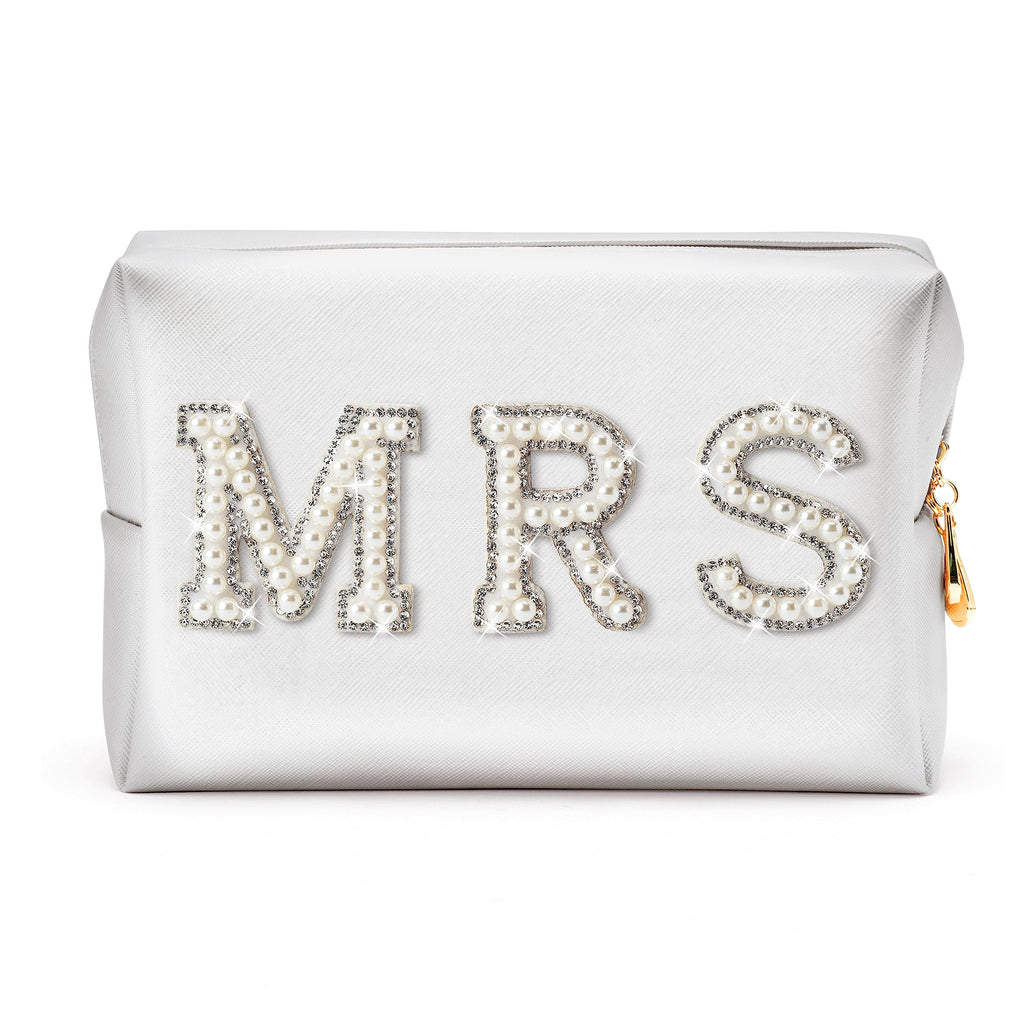 Y1tvei Mrs Cosmetic Large Bag - White Patch Varsity Letter MRS Toiletry Big Bag Pearl Rhinestone Letter Patches Big Makeup PU Ba