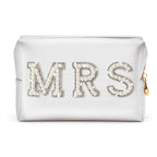 Y1tvei Mrs Cosmetic Large Bag - White Patch Varsity Letter MRS Toiletry Big Bag Pearl Rhinestone Letter Patches Big Makeup PU Ba