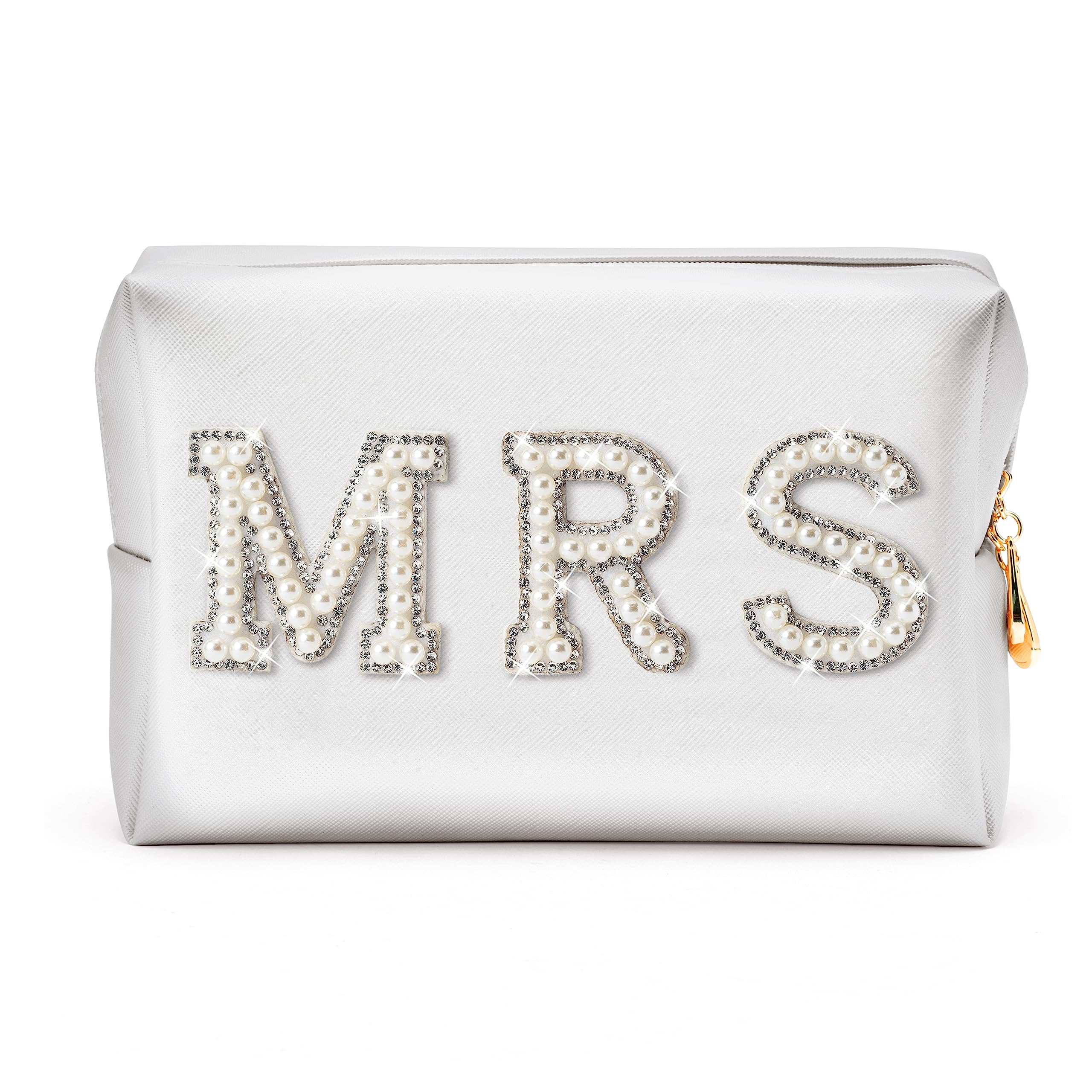 Y1tvei Mrs Cosmetic Large Bag - White Patch Varsity Letter MRS Toiletry Big Bag Pearl Rhinestone Letter Patches Big Makeup PU Ba