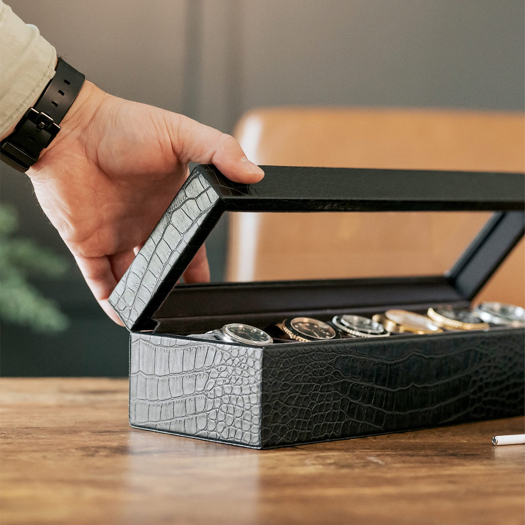 CASE ELEGANCE Crocodile Texture Faux Leather Watch Box Men/Women Watch Storage Box Organizer with Glass Lid 6 Compartments