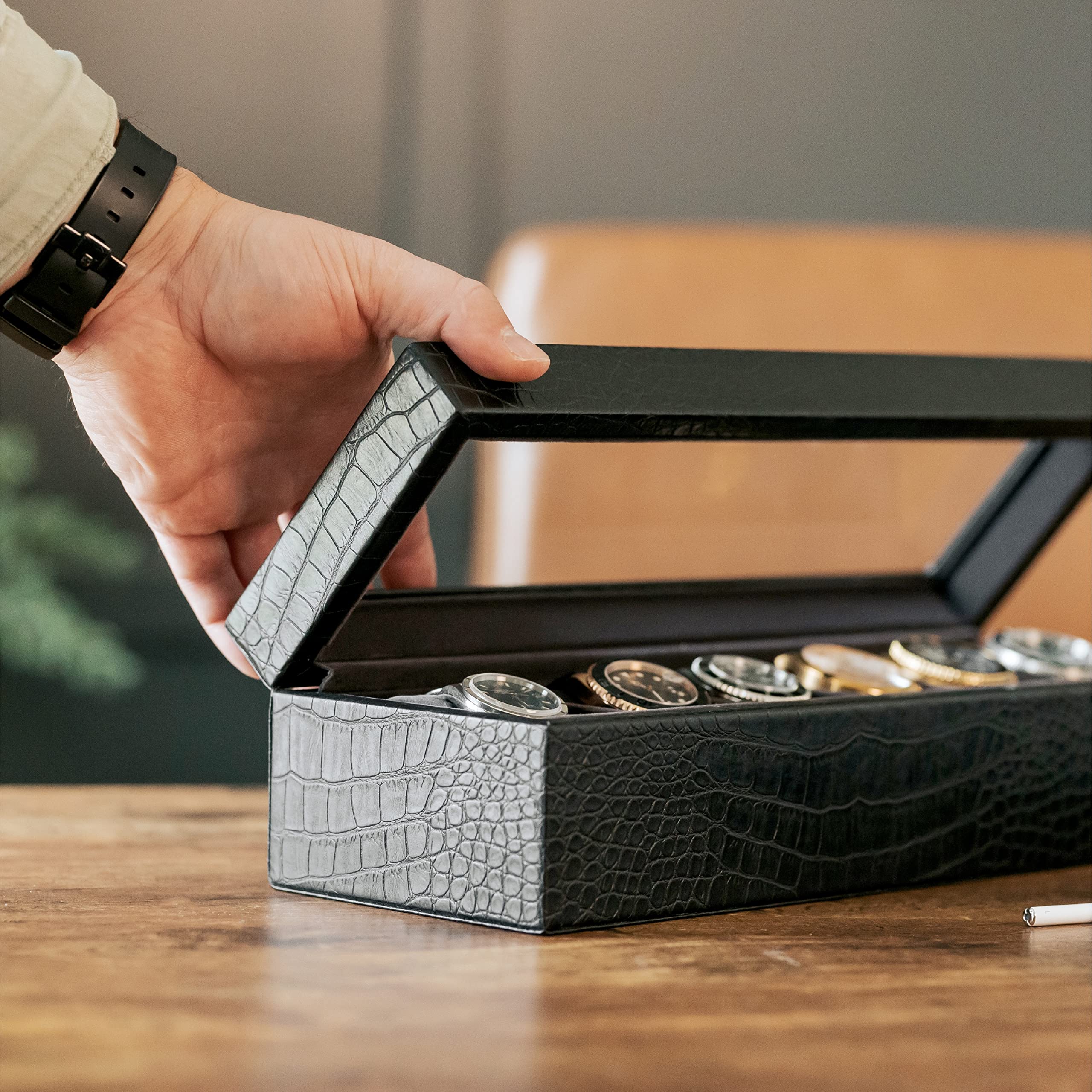 CASE ELEGANCE Crocodile Texture Faux Leather Watch Box Men/Women Watch Storage Box Organizer with Glass Lid 6 Compartments
