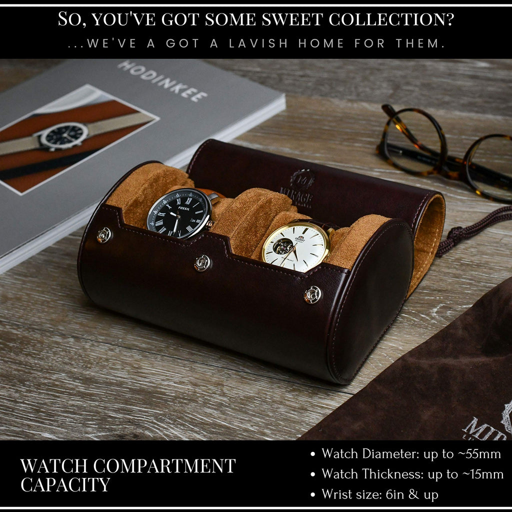 Watch Travel Case for Men - 2 Watch Roll Case Organizer Display - Watch Case - Watch Organizer - Espresso Brown