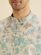 Manyavar Mens Linen Blend Floral Print Short Kurta
