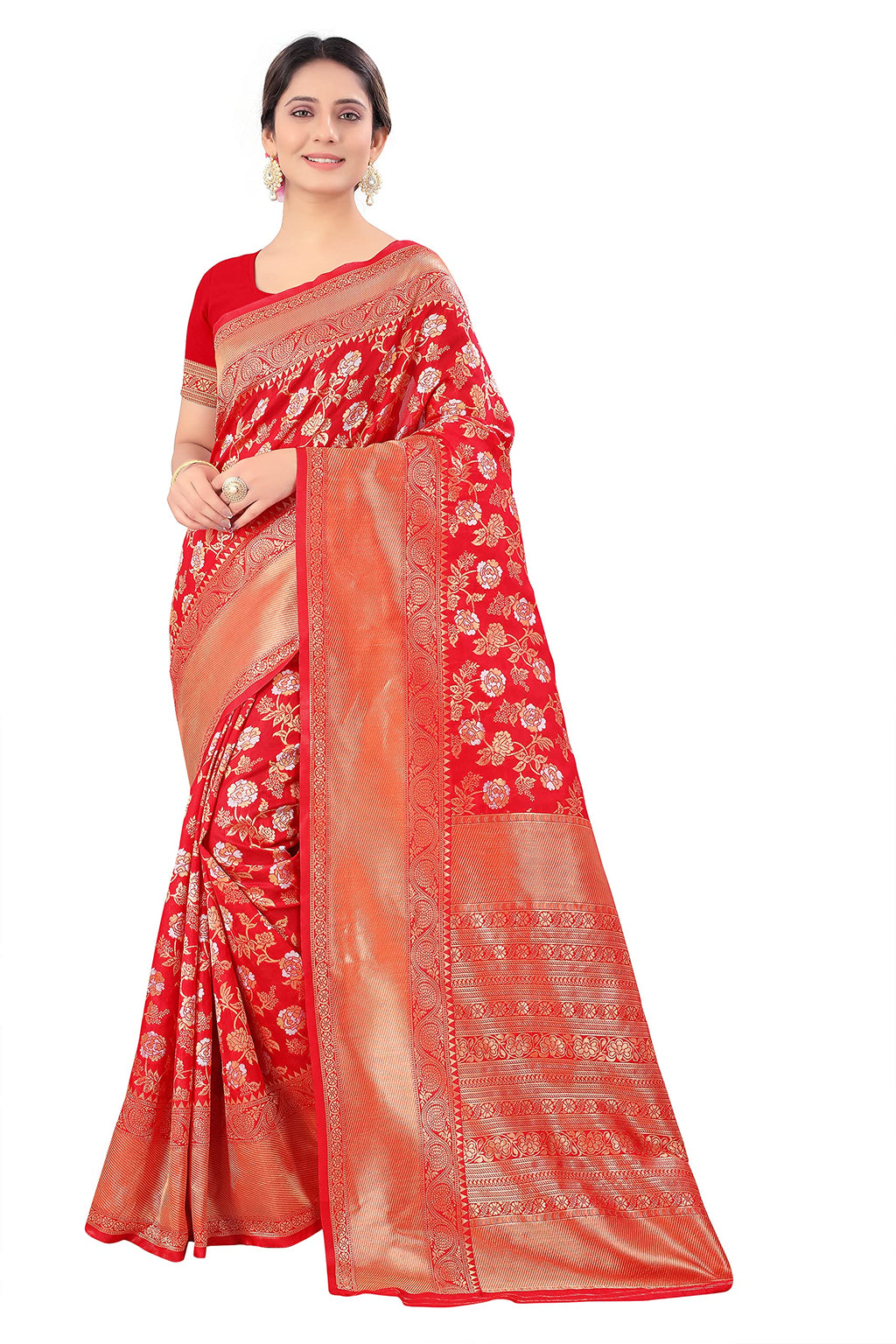 Pujia Mills women kanjivaram pure banarasi silk saree kanchipuram saree (Bright Red)
