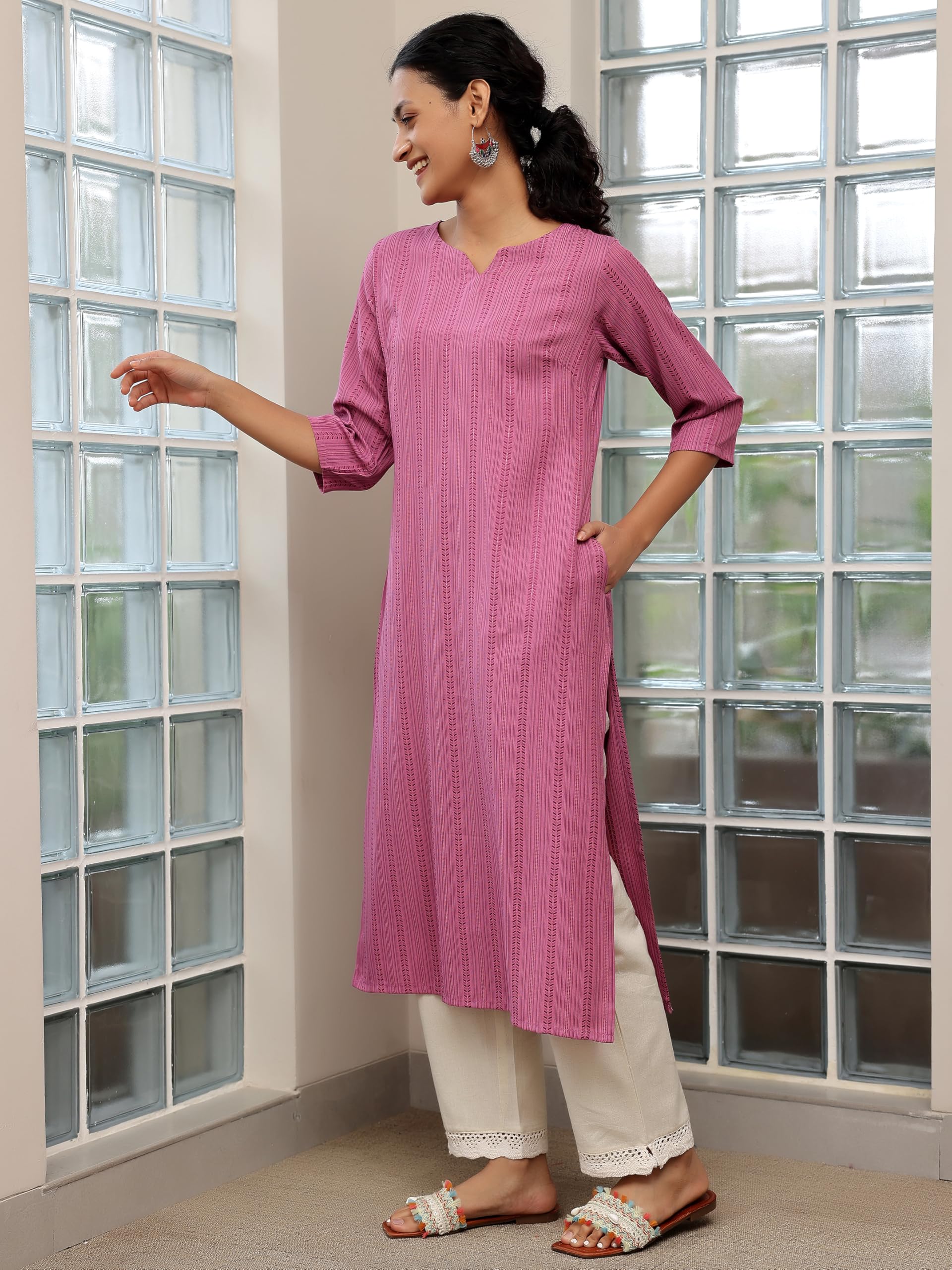 Libas Mauve Woven Design Rayon Straight Kurta