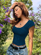 Sugathari Girls & Womens Indigo Blue Eyelet Embroidery Knitted Square Neck Casual Slim Fit Women T-Shirt, Short Sleeve Schiffl