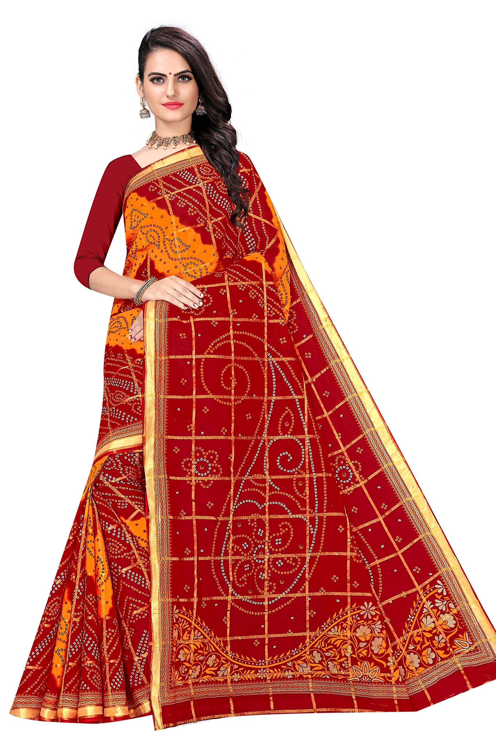TAMAIRA FASHION Womens Pure Cotton Bandhani Saree Without Blouse Piece(2440_Red)