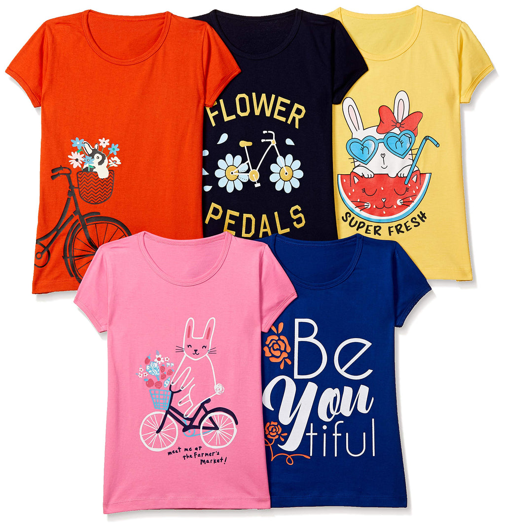 T2F Girls Solid Regular Fit T-Shirt Pack of 5(GLS-TSRT-01_Multicolor 4_3 Years-4 Years)