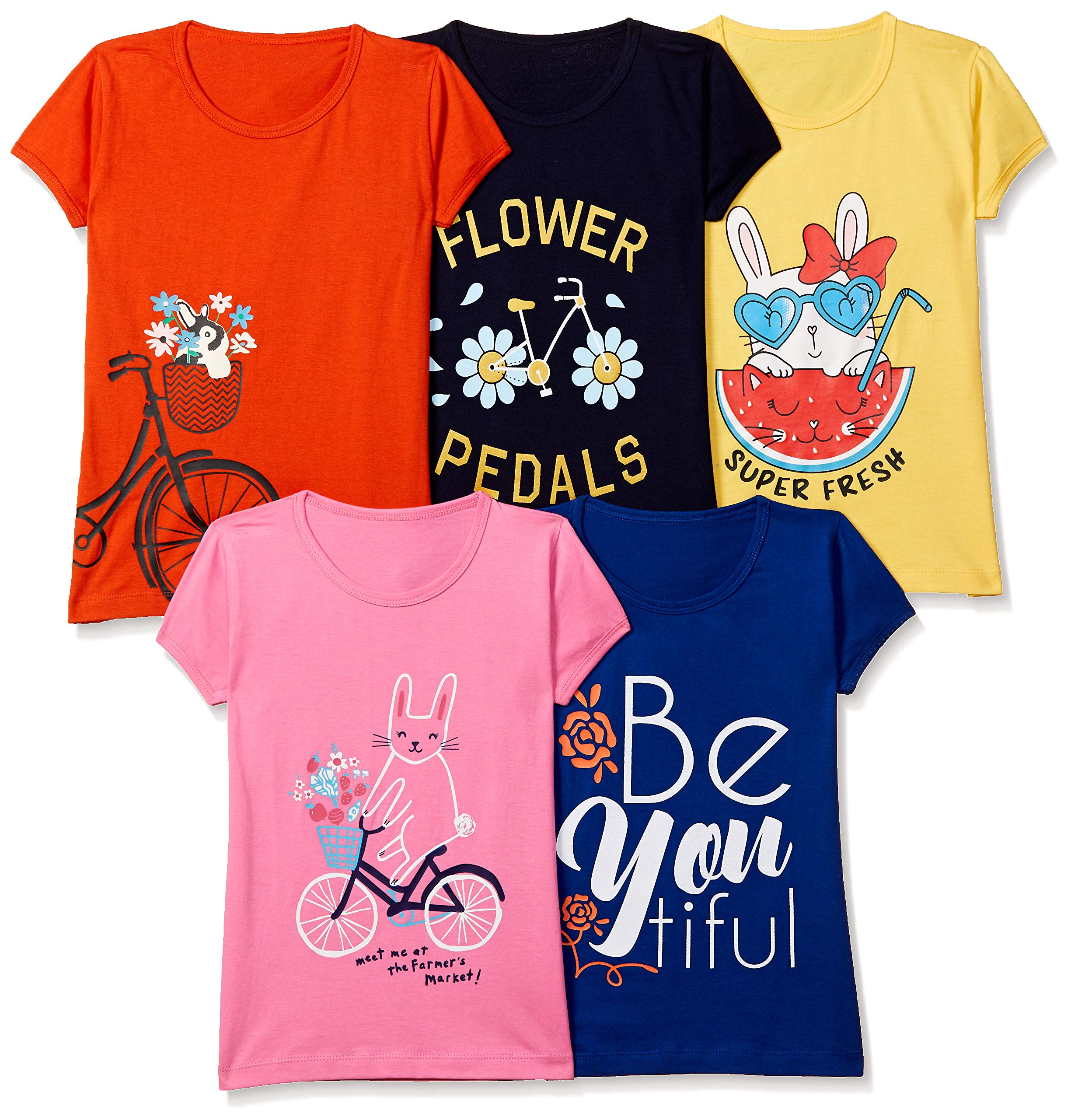 T2F Girls Solid Regular Fit T-Shirt Pack of 5(GLS-TSRT-01_Multicolor 4_3 Years-4 Years)