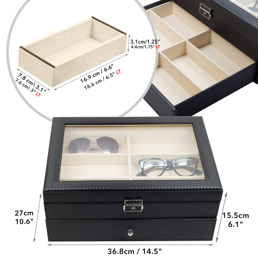 TimelyBuys 12 Piece Large Black Carbon Fiber Eyeglass Sunglass Two Level Glasses Display Case with Drawer Storage Box