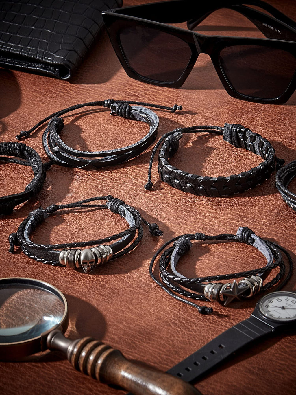 Hicarer 6 Pcs Spiked Studded Bracelets Punk Leather Rivets Bracelet Cuff for Men Women Halloween Accessories(Retro Style)