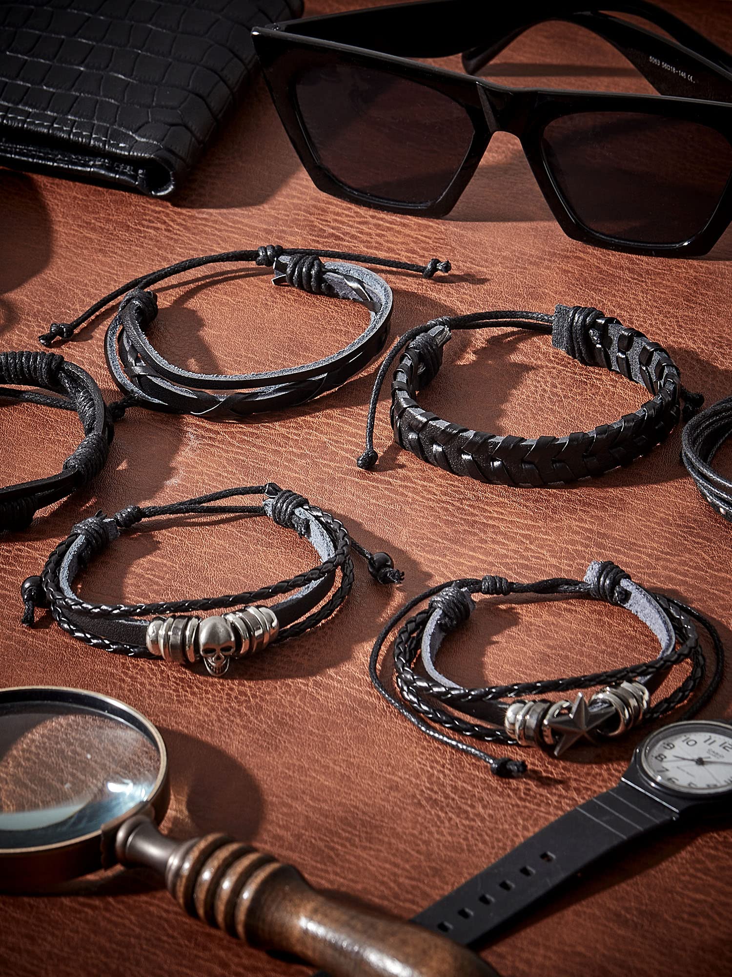 Hicarer 6 Pcs Spiked Studded Bracelets Punk Leather Rivets Bracelet Cuff for Men Women Halloween Accessories(Retro Style)