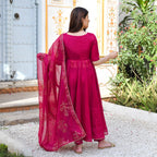 ANNI DESIGNER Womens Rayon Blend Anarkali Embroidered Kurta with Pant & Dupatta (APARNAA Pink_M_Pink_Medium)