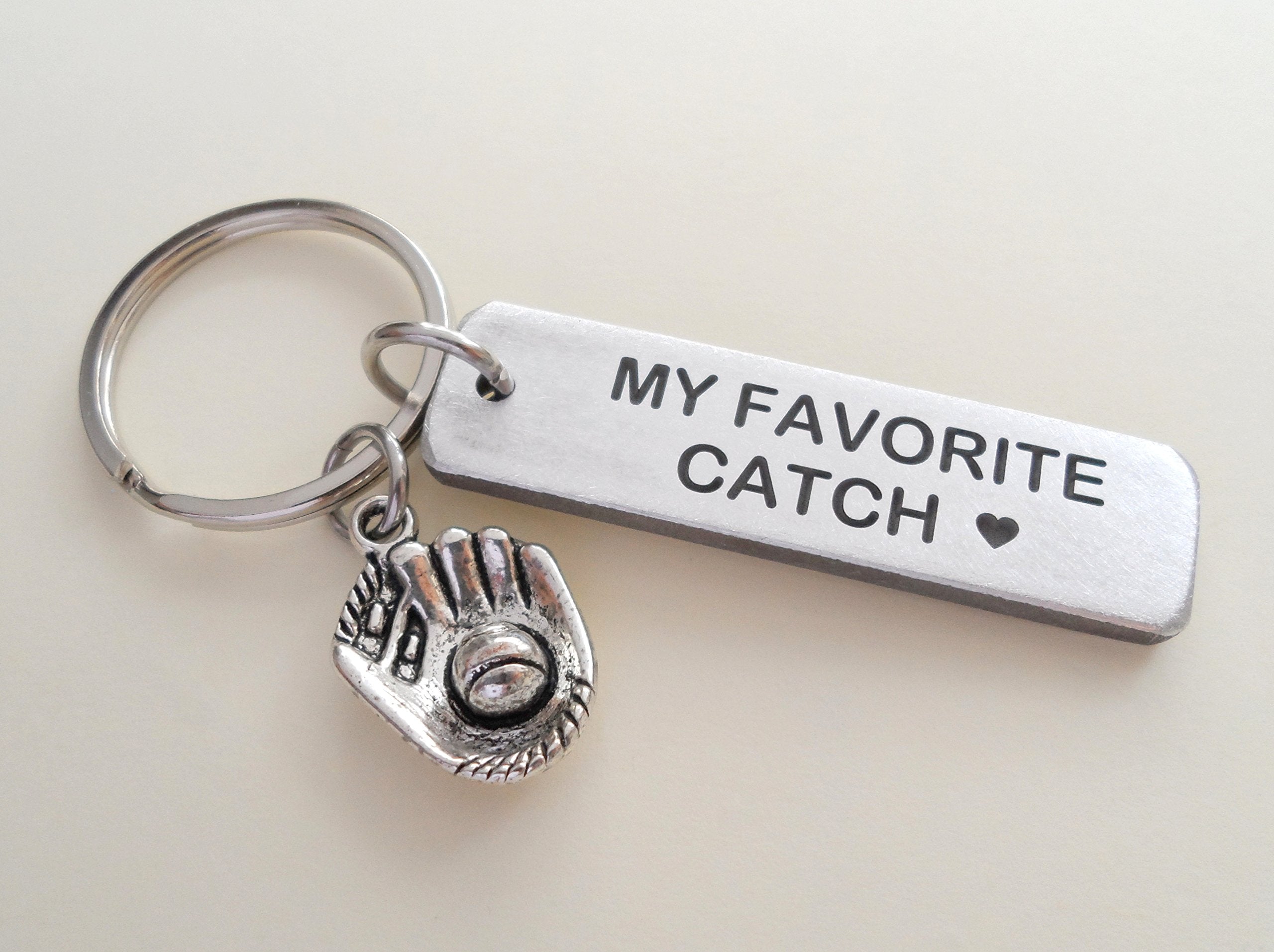 Baseball Mitt Charm Keychain With My Favorite Catch Engraved Aluminum Tag; Couples Keychain
