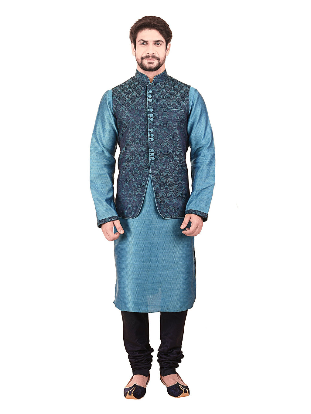 Manyavar MenS Silk Kurta Pyjama With Waist Coat (Jast035_Blue_Small/36)